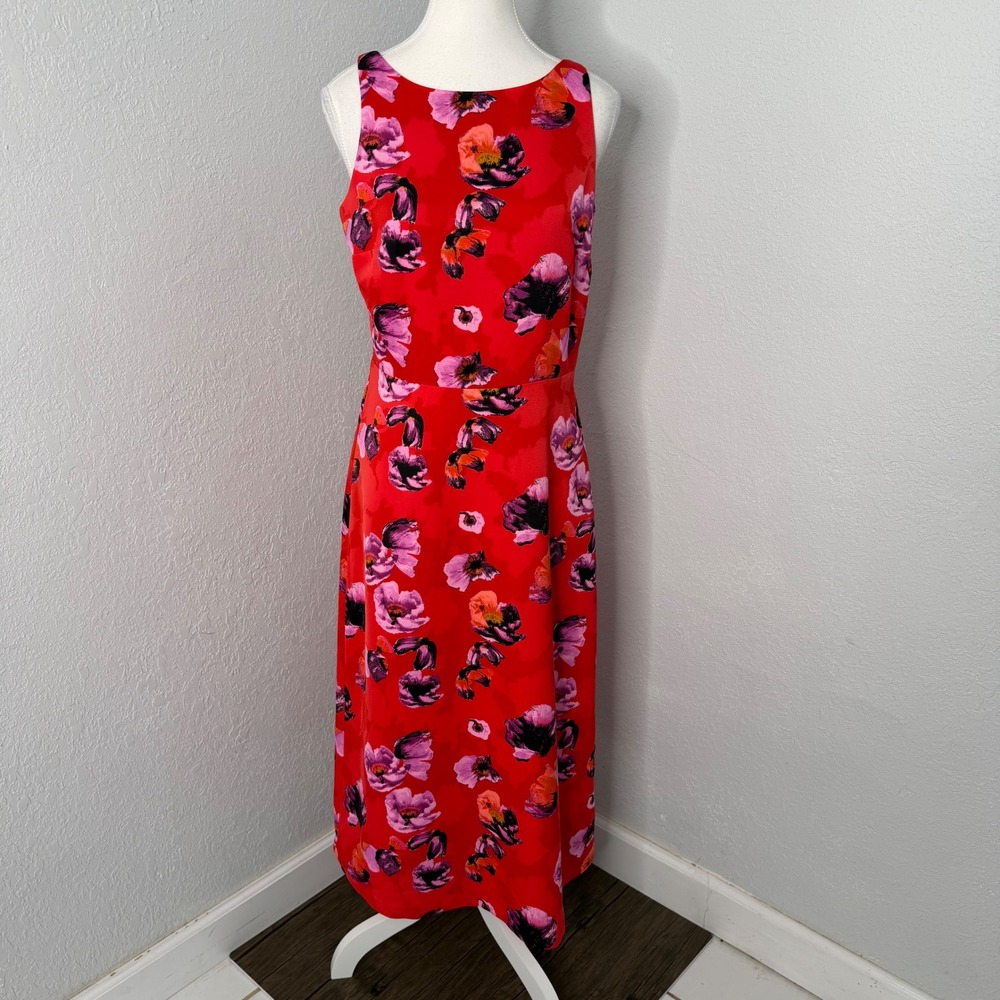 Banana‎ Republic Red Floral Poppy V-Back Midi Dress Sleeveless Womens 6